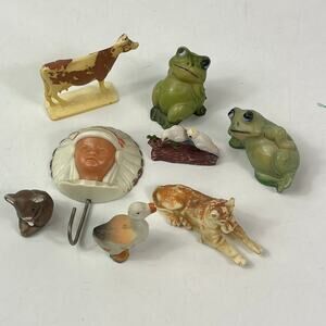 Vintage Plastic Figurine Lot 1960–70s St Labre Indian Magnet Frogs Cow Duck 8 Pc